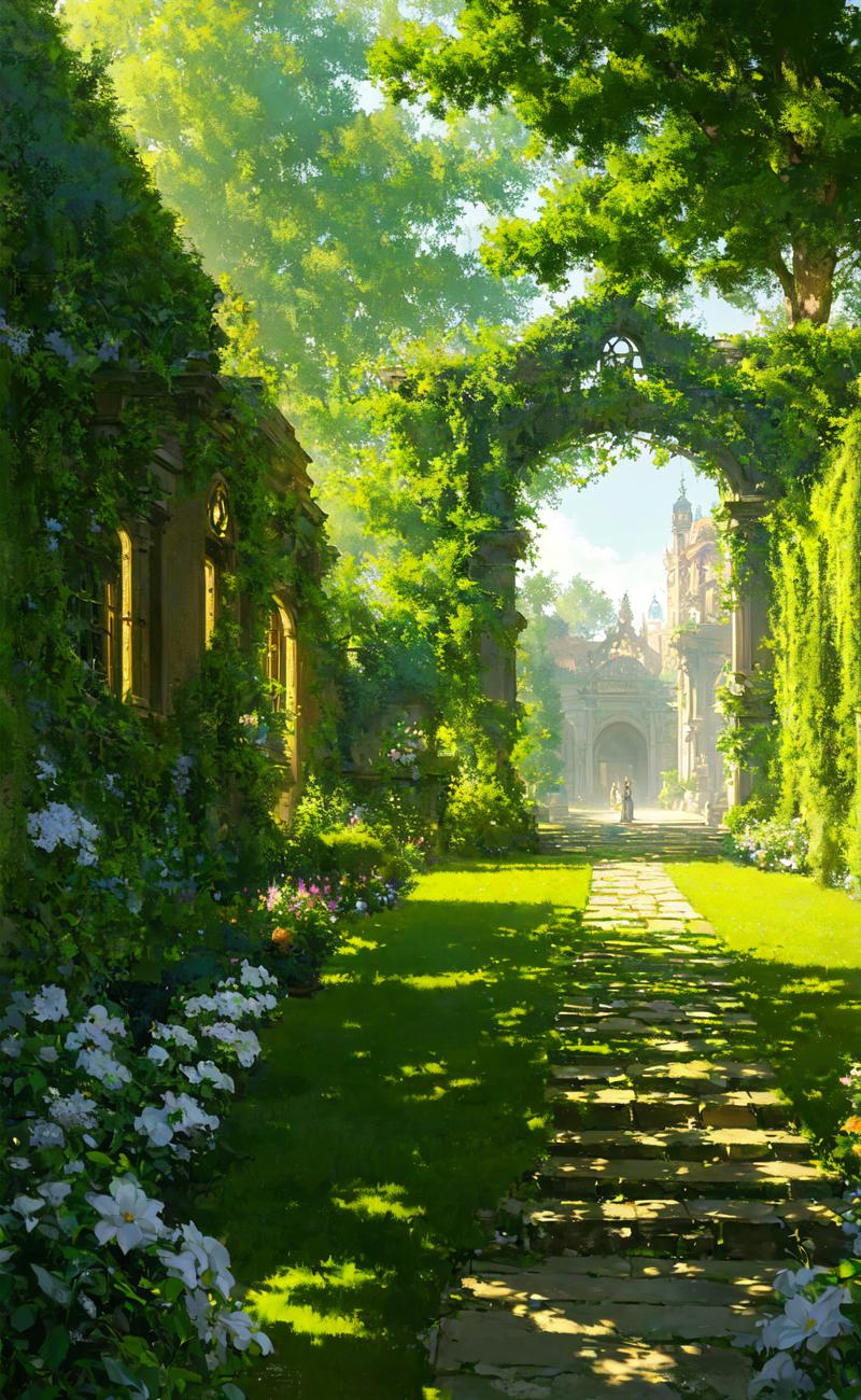 59572-352140370-(masterpiece, best quality, highly detailed, intricate), a walkway in a garden with lots of green plants and trees on either sid.png